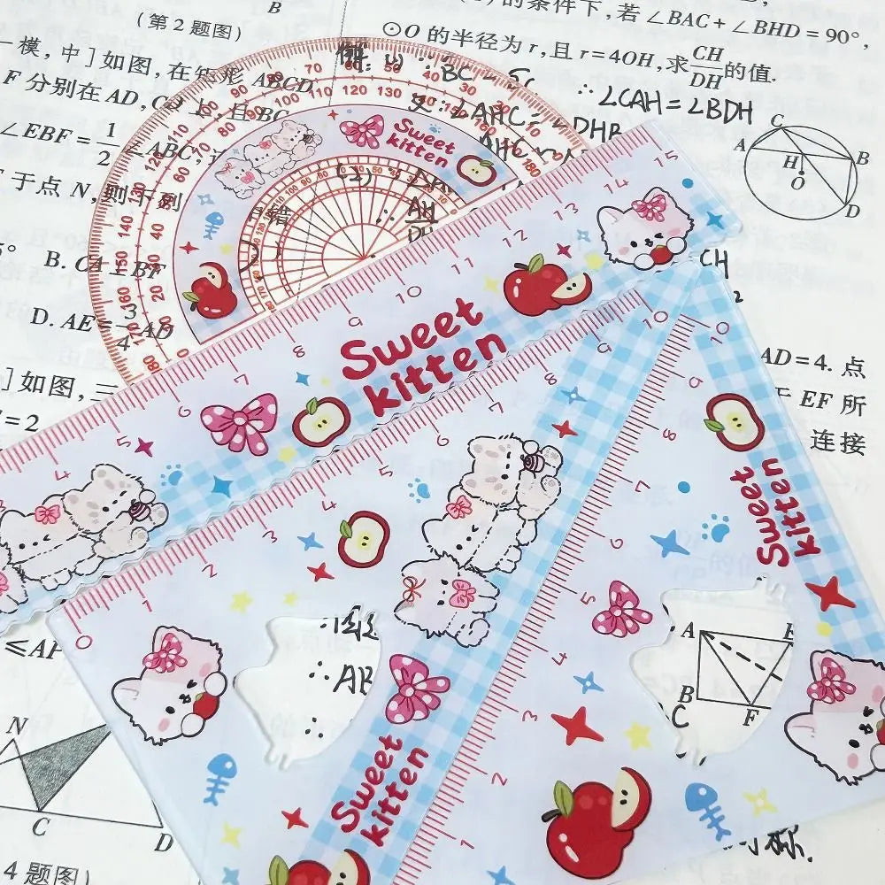4pcs New Acrylic Ruler Set Red Kitten/Green Puppy Measurement Drawing Stationery Set Square Protractor Gift