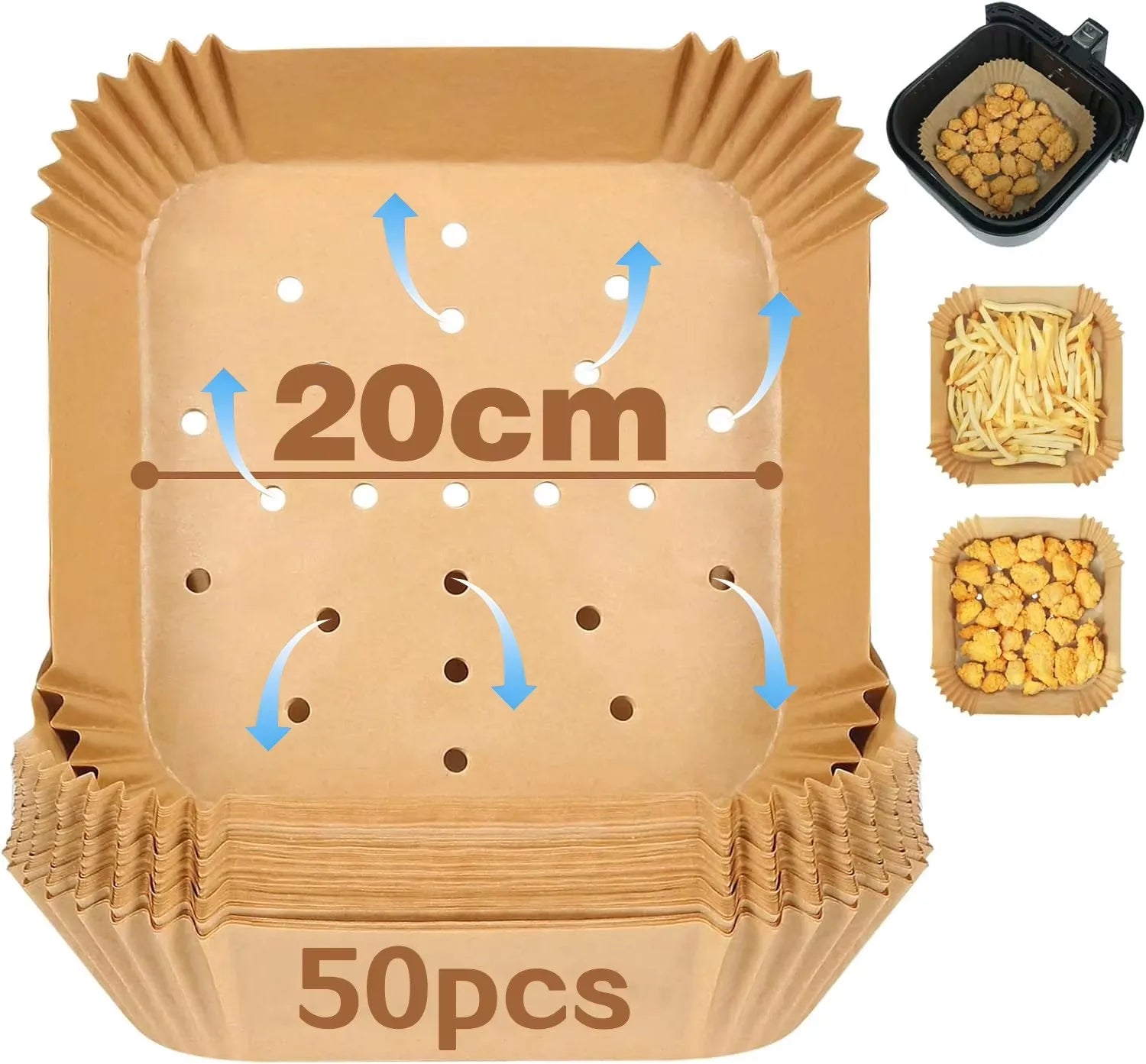 50/100PCS Perforated Square 23cm/20cm XXL Disposable Air Fryer Parchment Paper for Ninja, Corsori, Instant Vortex, Dash