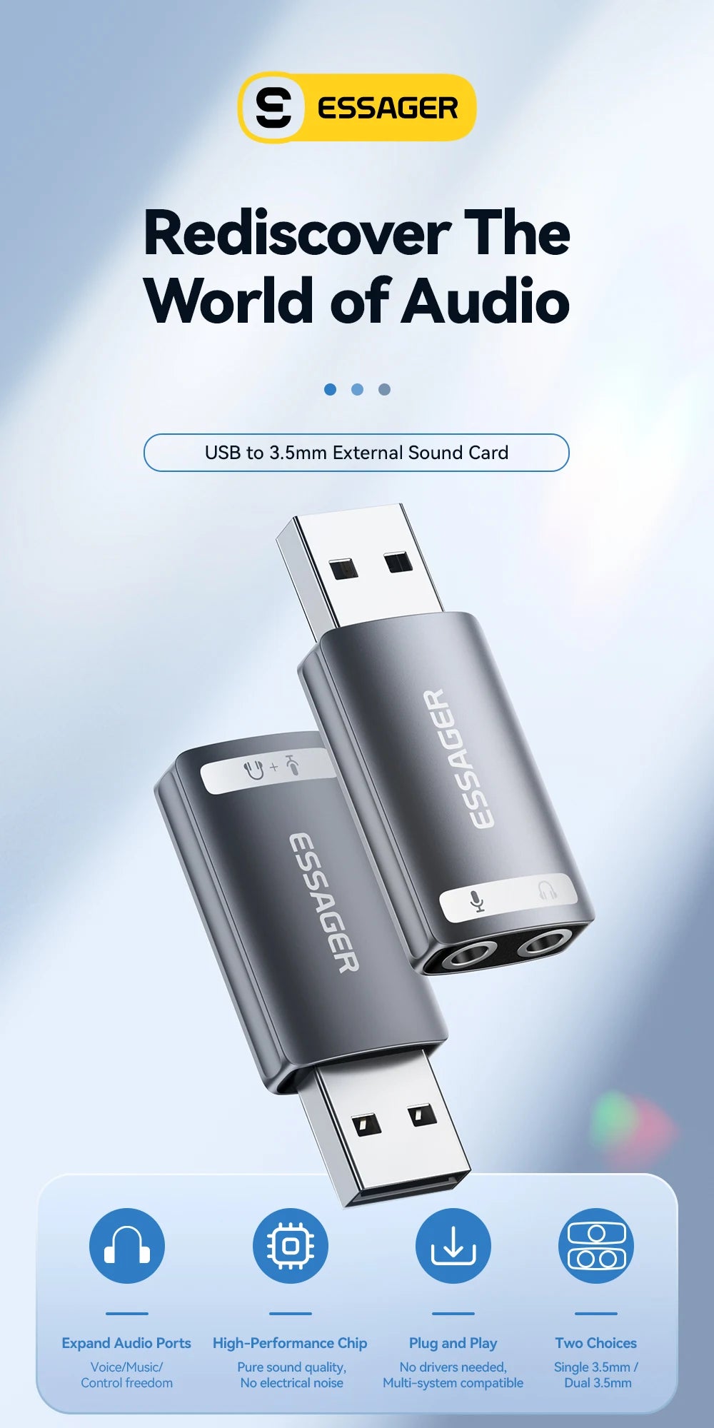 Essager USB Sound Card External Mini Sound Card USB to 3.5mm Interface Stereo Audio Adapter for PS4 PS5 Swittch Laptop Headset