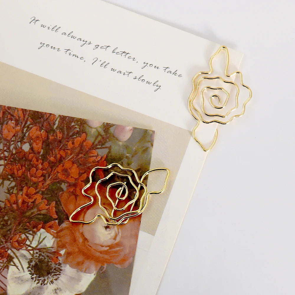 10pcs Gold Rose Flower Paper Clip Wholesale Metal Diy Flower Planner Stationery Supplies Bookmark Gift Shaped Paper Clips