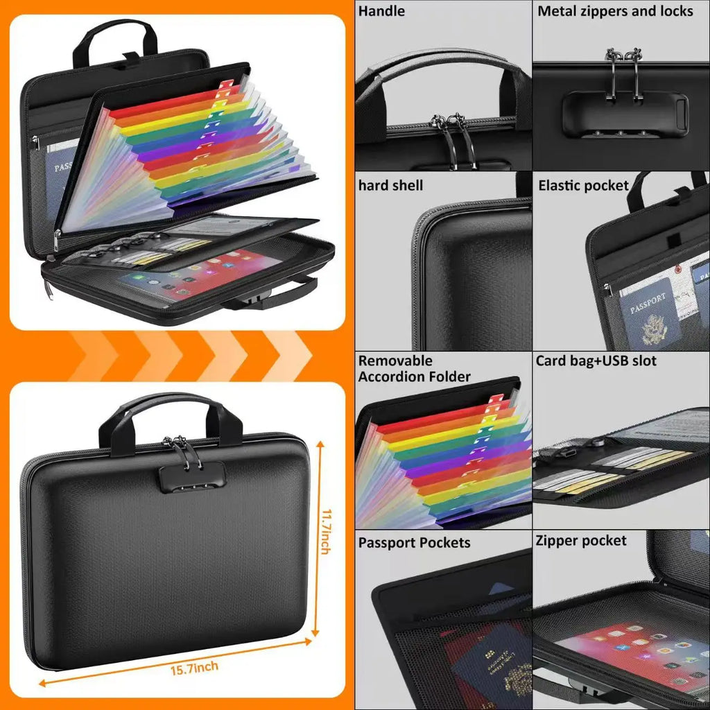Fireproof File Organizer with Lock, Hard-Shell Case Fireproof Document Box with 13 Accordion File Folder, for Important