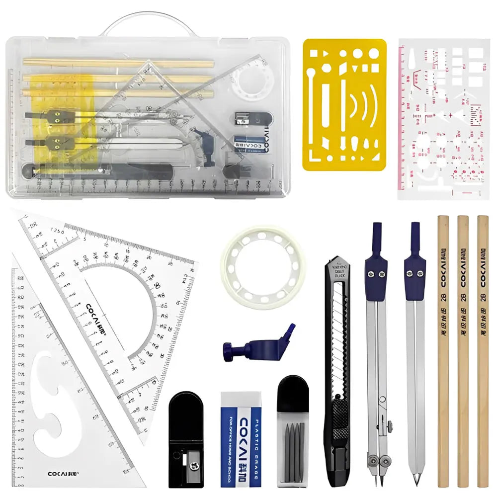15-Piece Geometry Drawing Set with Portable Case, Dual Metal Compasses, Clear Rulers and Templates for School, Math and Drafting