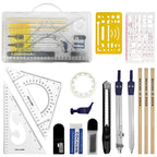 15-Piece Geometry Drawing Set with Portable Case, Dual Metal Compasses, Clear Rulers and Templates for School, Math and Drafting
