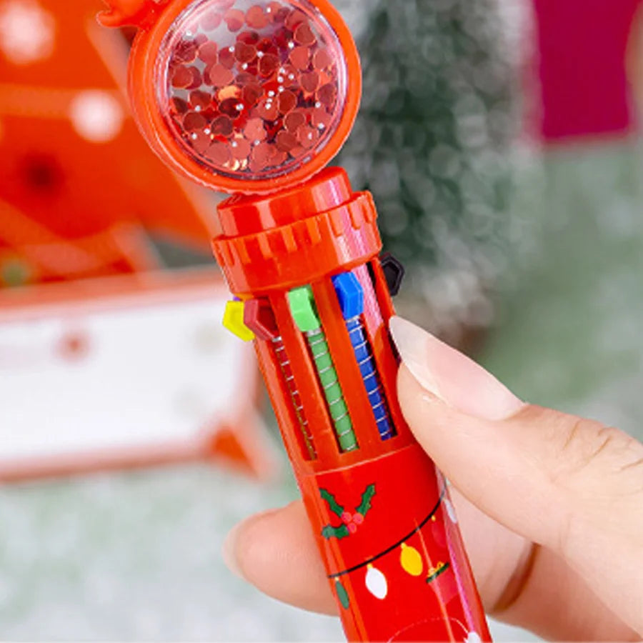 1PC Christmas 10-color Ballpoint Pen Student Press-type Color Pen Santa Claus Presses The Ballpoint Pen 0.5mm School Stationery