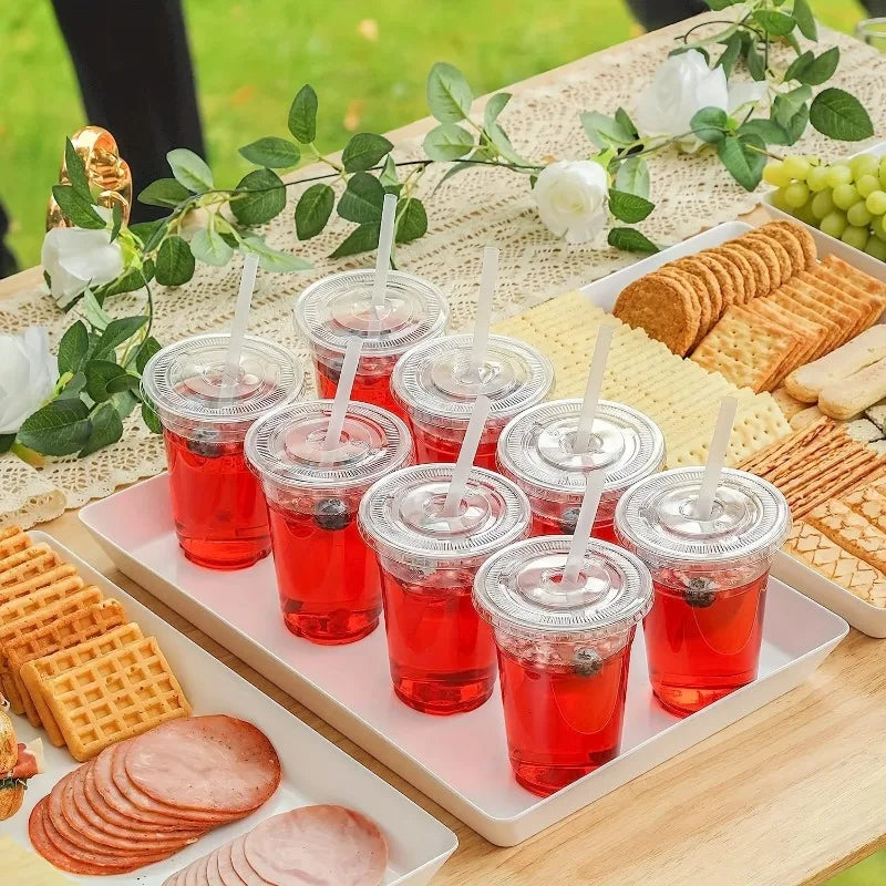 50PCS Clear Disposable Plastic Cups Flat Lids Drinking Cup for Party Wedding Ice Coffee Milkshakes Smoothies Cold Drinks