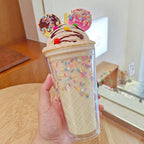 450ml Fashion Cartoon Ice Cream Straw Cup Adorable Plastic Bear Drinking Cup With Lid Milk Tea Cup For Women Girls Outdoor Home