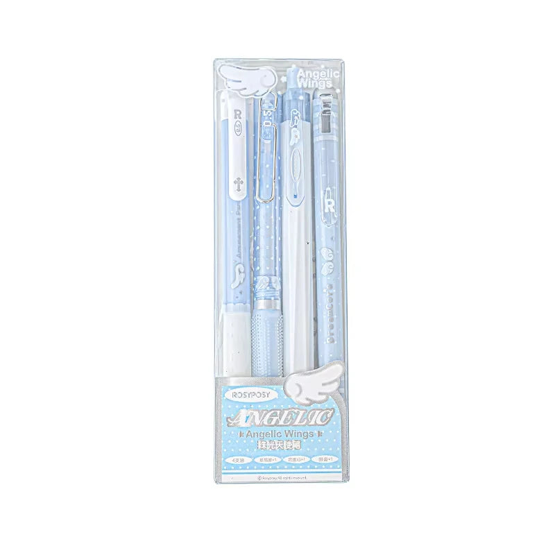 4pcs/set Pearl Angel Gel Pen Set Cute Exam Pens with Wing Design Kawaii Cartoon 0.5mm Black Ink for Kids Back To School Student