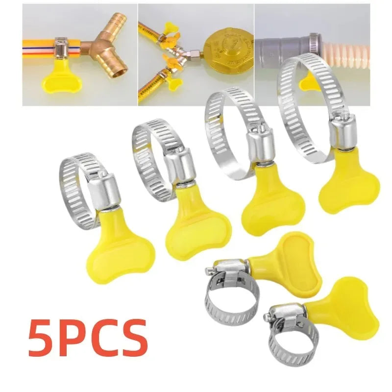 5 pcs 8-44mm Adjustable Yellow Plastic Handle Hand Twist Hose Clamps Worm Driving Stainless steel Pipe Clips For Tube