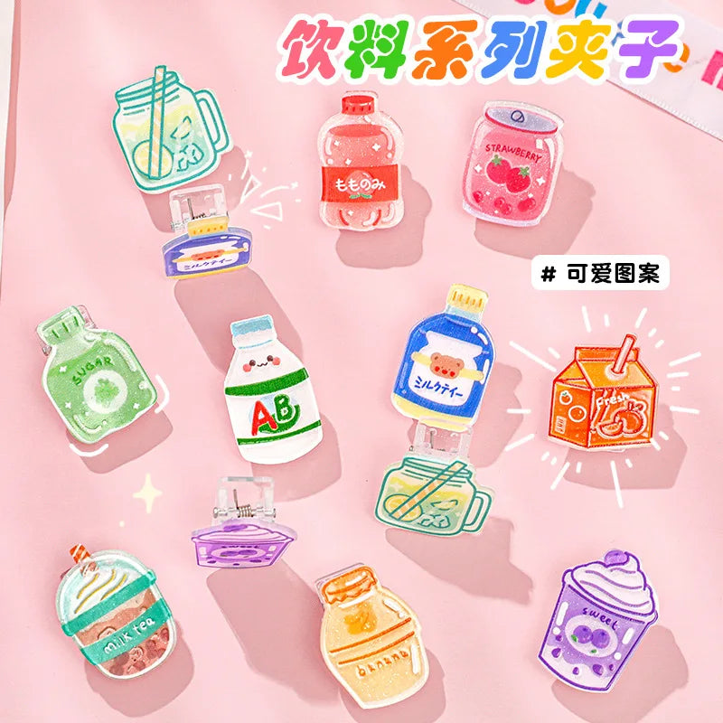 5pcs/lot Cartoon Beverage Bottle Clips Cute Acrylic Decorative Clips, Student Stationery Gifts, Test Paper Clips Ins Small Clips