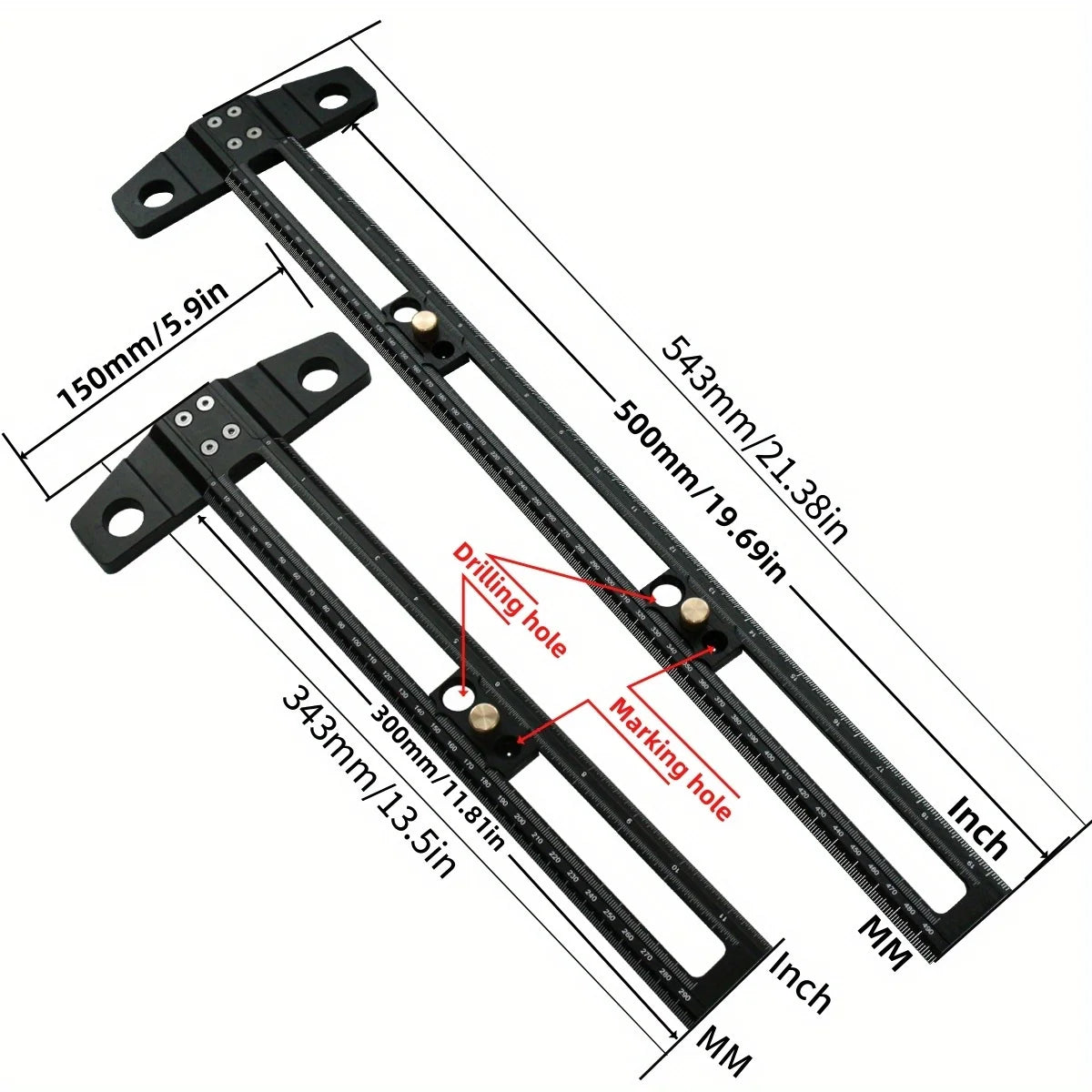 300/500MM Woodworking 2 in 1 Drilling Positioning Scoring Ruler - Adjustable T Square - Aluminum Scriber Marking Gauge Tool