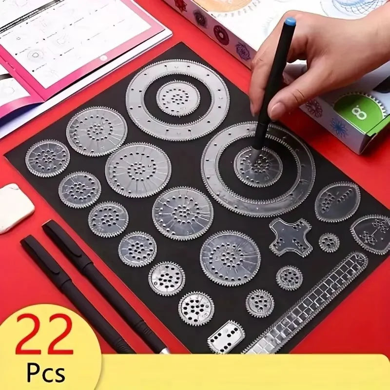 22-Pc Gear Drawing Ruler Set for Intricate Designs on Black Paper, with Stencils & Marker, Durable PC