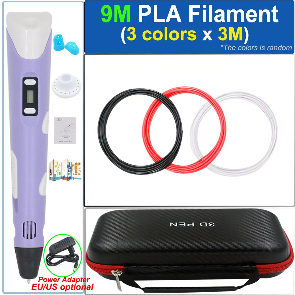 Children's 3D Pen 3D Drawing Printing Pen with LCD Screen Power Adapter 200M PLA Filament Toy Kids Christmas Birthday DIY Gift