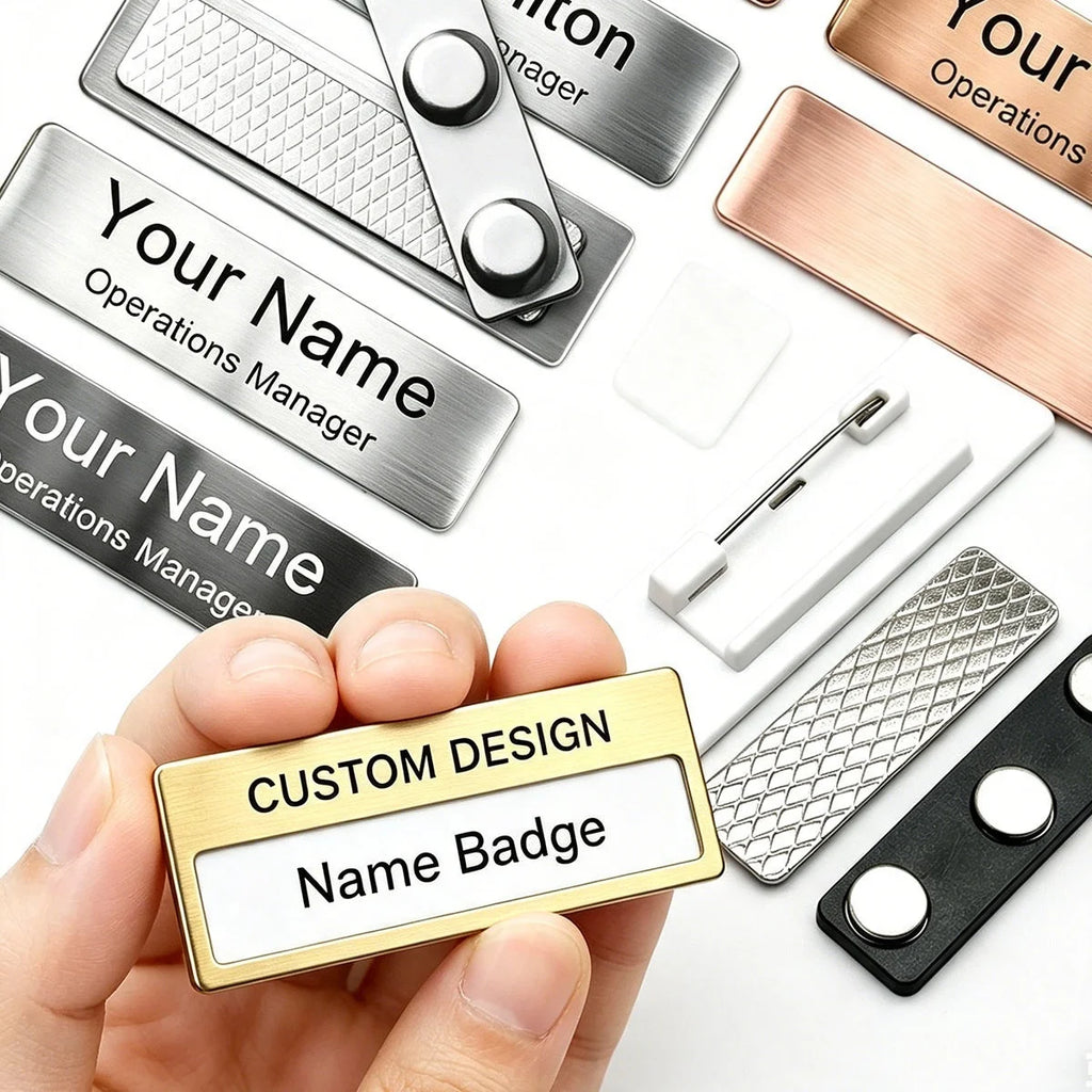 Custom LOGO Metal Brushed Gold Zinc Alloy Laser Engraved Reusable Employee Staff Magnetic Nametag Name Badge with Magnet
