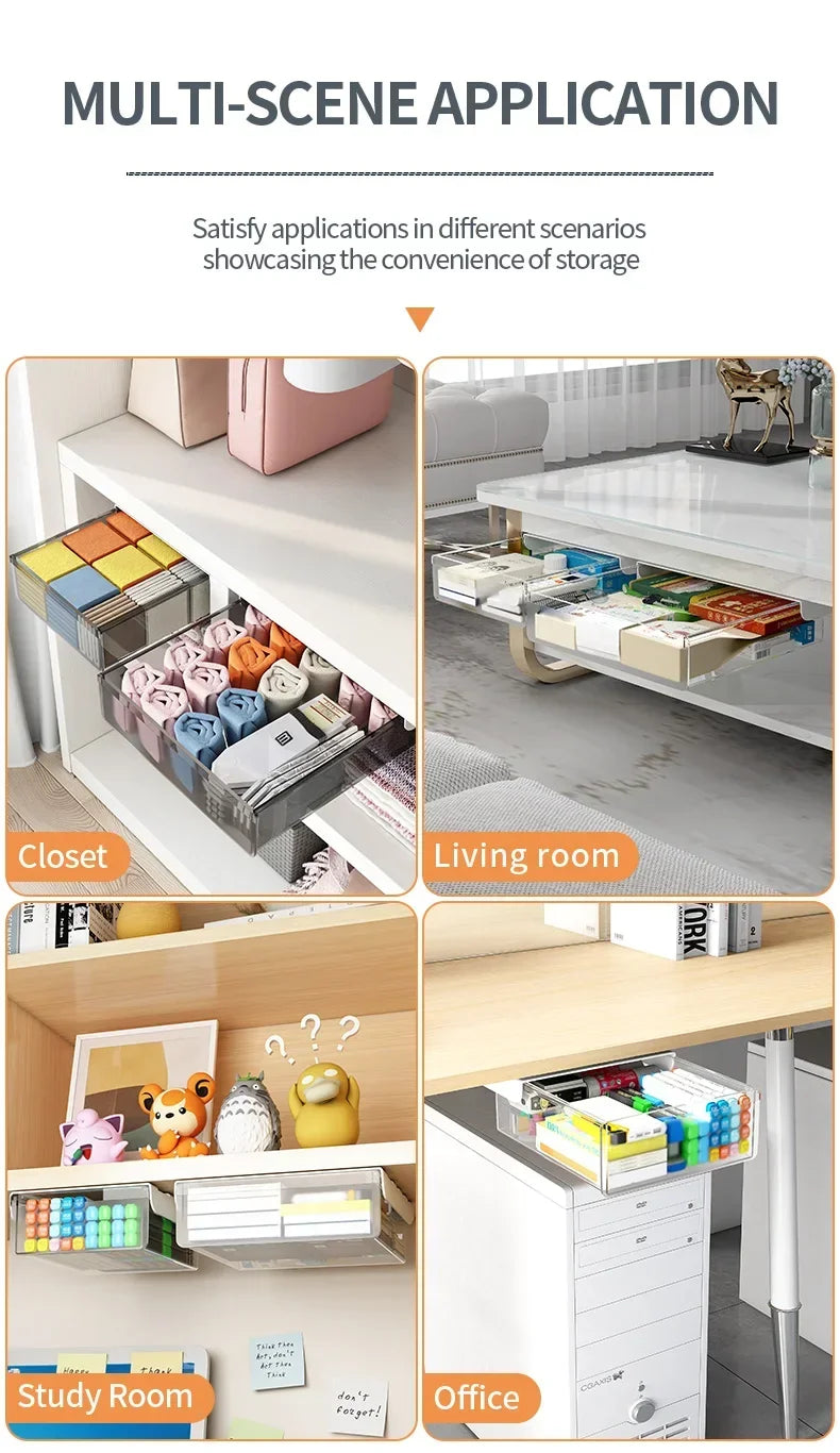 Hidden Under Desk Drawer Storage Office Organizer Desk Self Adhesive Drawers Plastic Undertable Accessories Storage Box Drawe