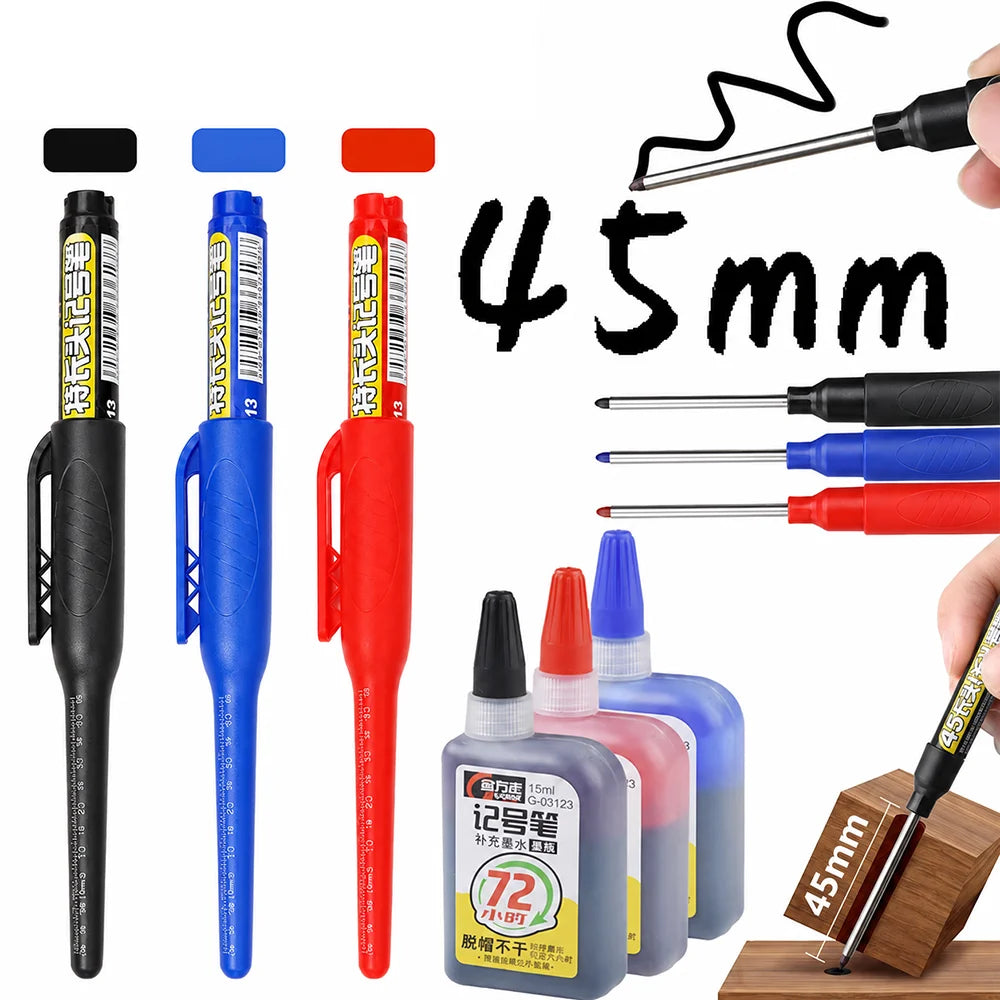 1-6Pcs 45mm Waterproof Long Head Nib Deep Hole Markers Pen Tile Carpenter Pen Multi-purpose for Woodworking Black/Blue/Red Ink