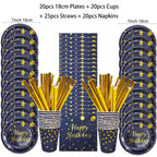 Dark Blue Gold Birthday Disposable Tableware Paper Plates Cups Napkin Tablecloth Adult Elegant Birthday Party Decoration Wedding