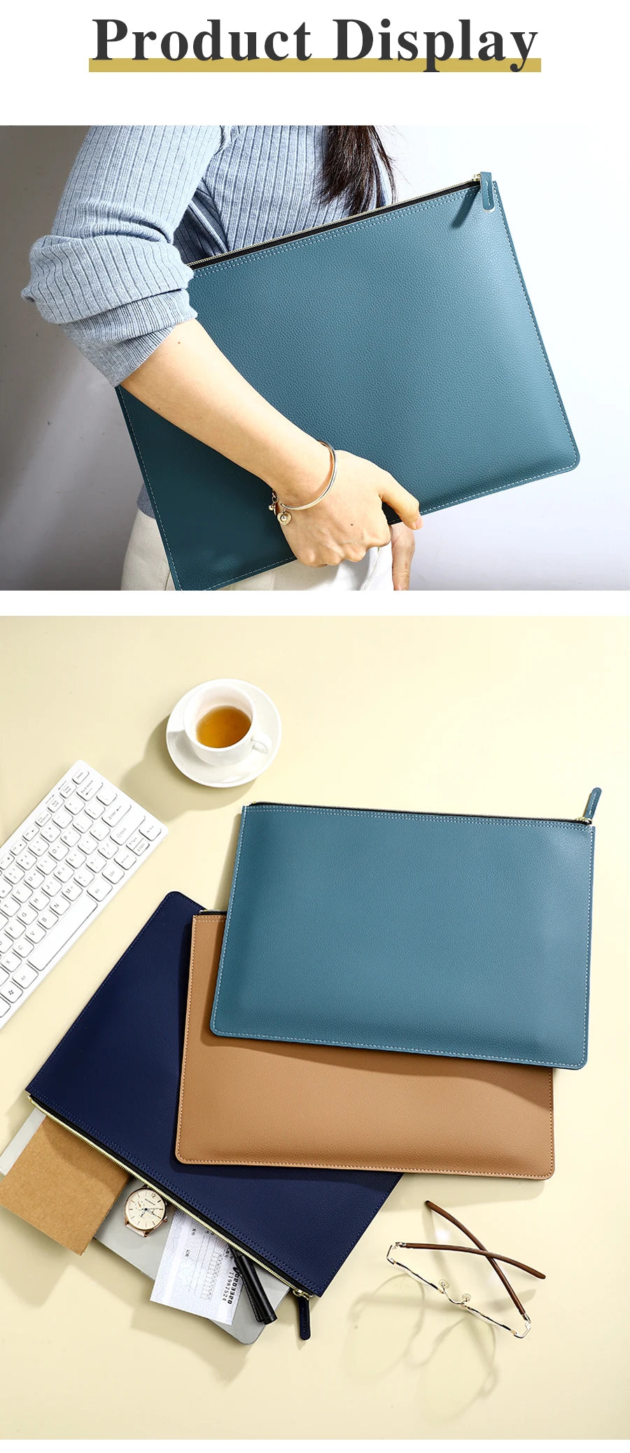 Leather Business A4 File Folder Zipper Document Bag Contract File Organizer Briefcase Portfolio,Bag For Contract/Invoice Storage
