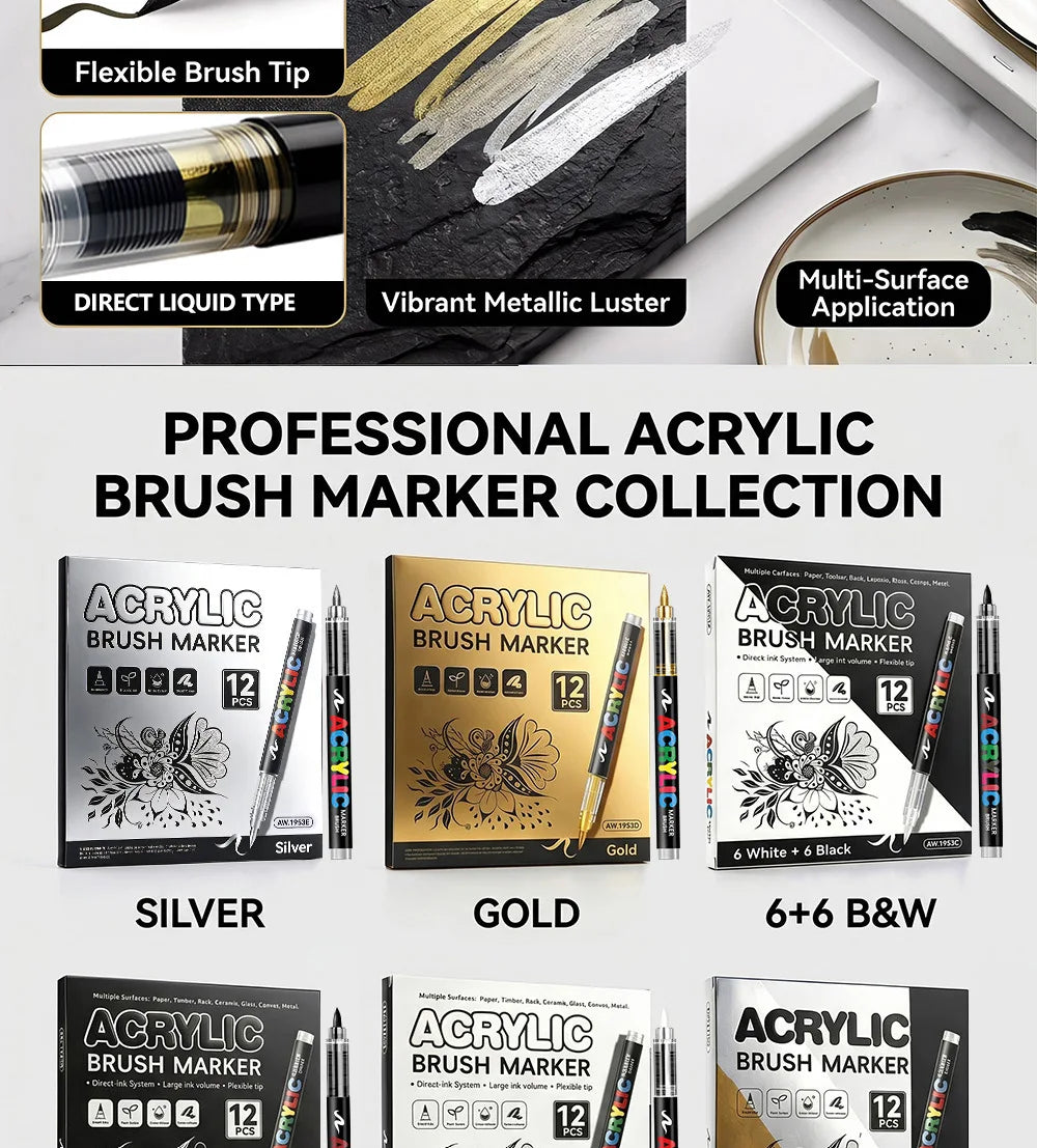 12 Pcs Black and White/Gold and Silver Acrylic Paint Markers Set, Large Ink Capacity, Skin Color Brush Markers Pen Art Supplies
