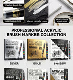 12 Pcs Black and White/Gold and Silver Acrylic Paint Markers Set, Large Ink Capacity, Skin Color Brush Markers Pen Art Supplies