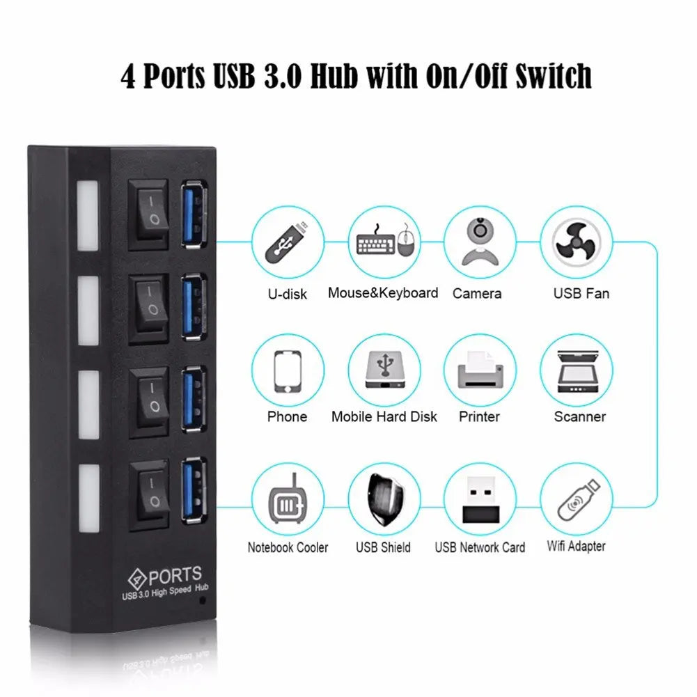 Multi Ports USB HUB 3.0 4/7 Ports Portable Super Speed 5Gbps Multiple USB Port Expander with Switches Power Adapter For PC