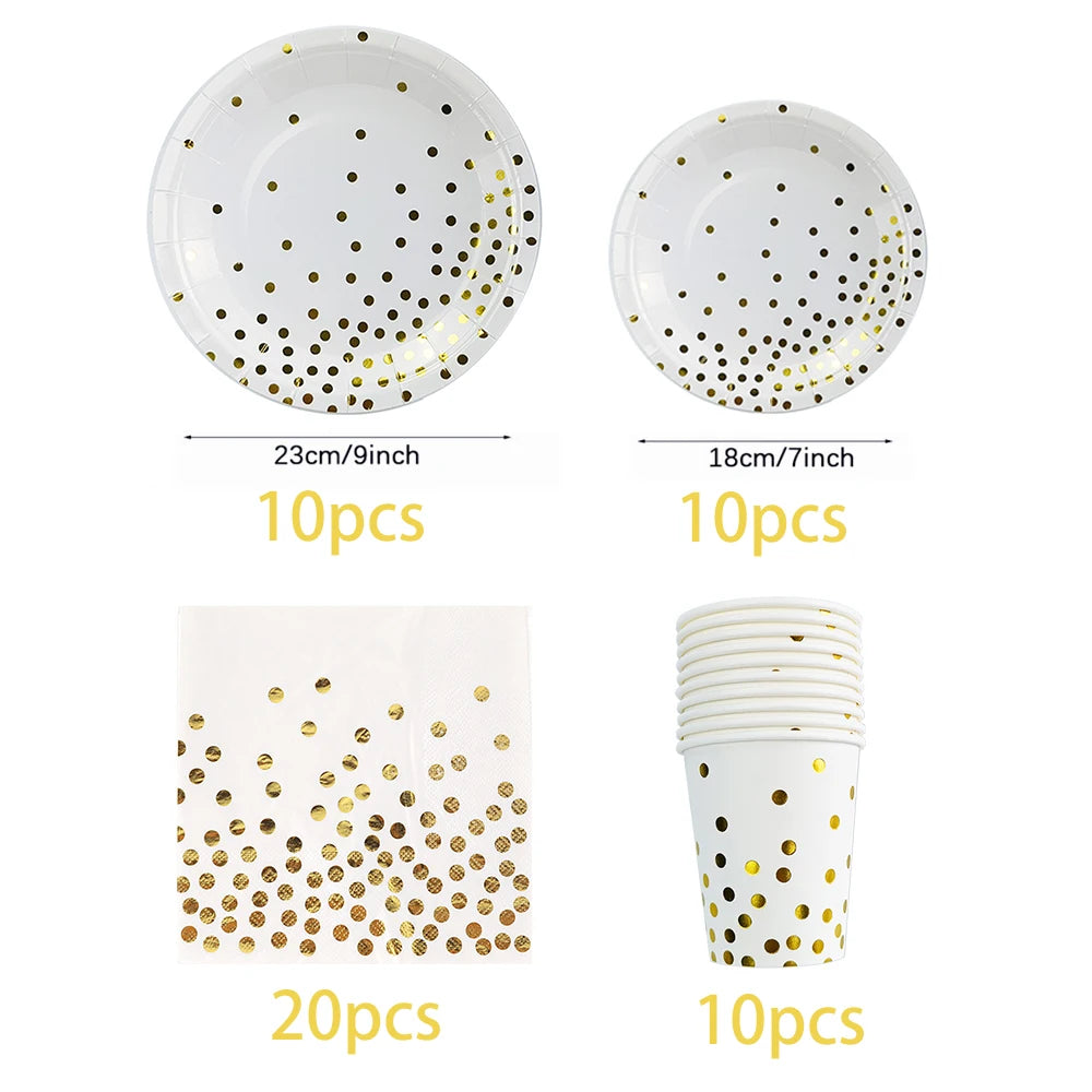 White Gold Birthday Disposable Tableware Polka Dots Paper Plate Cup Napkin Tablecloth Wedding Birthday Party Decoration Supplies