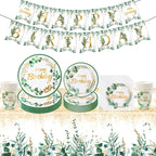 Green Eucalyptus Leaf Disposable Tableware Set Paper Plate Cup Napkin Kids Adult Birthday Supplies Hawaiian Summer Party Decor