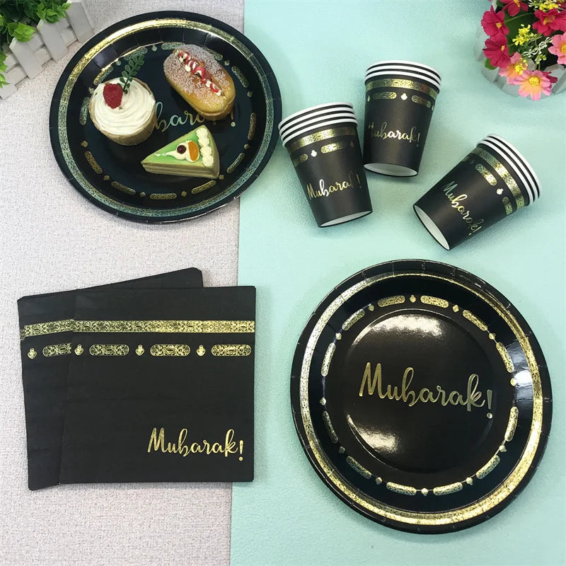 Black Gold Hajj Mubarak Disposable Paper Plates Cups Napkins Banner Balloons Home 2026 Eid Mubarak Islamic Muslim Party Supplies