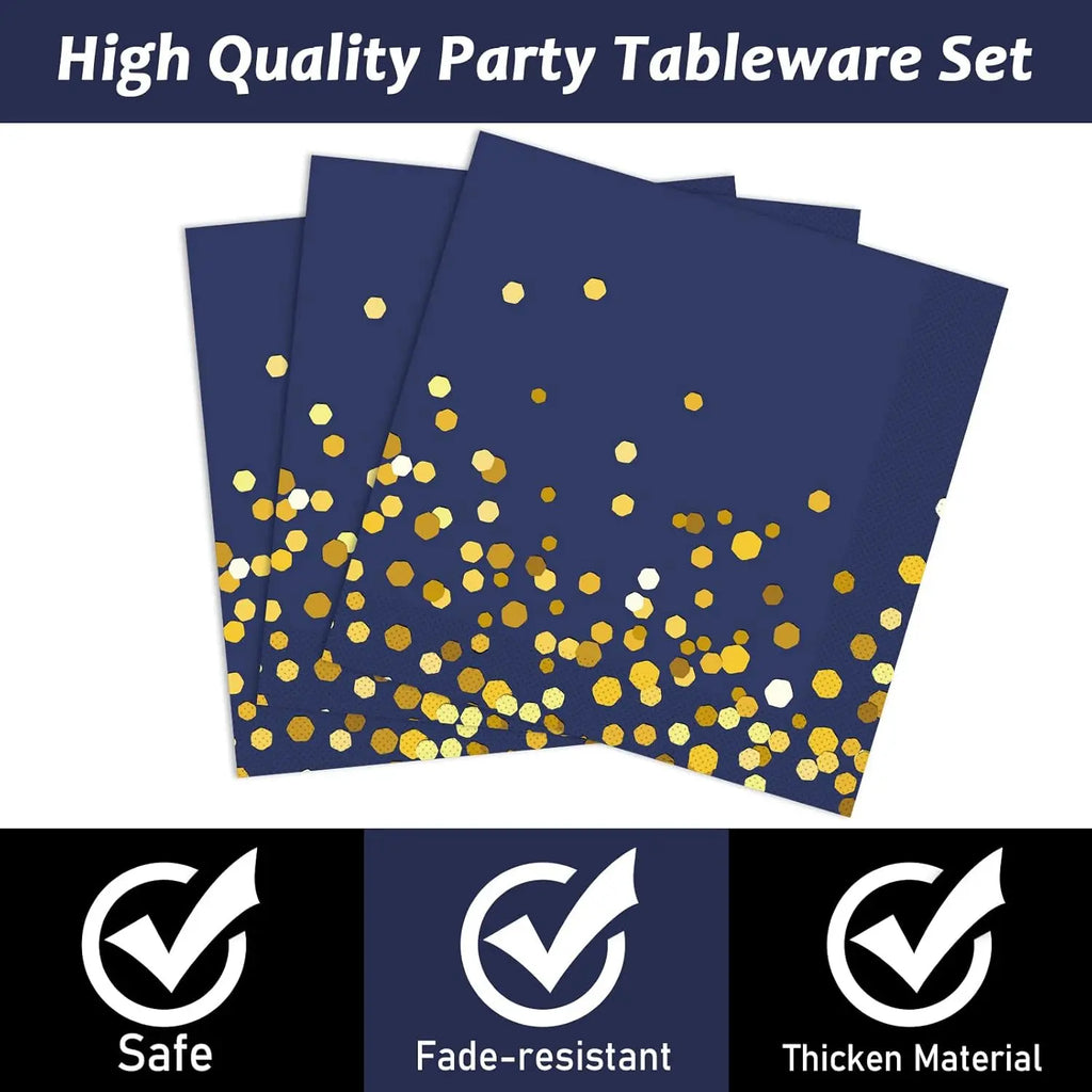 Navy Blue Gold Party Decorations Blue and Gold Disposable Tableware Set Paper Plates Cups Napkin Tablecloth Wedding Anniversary