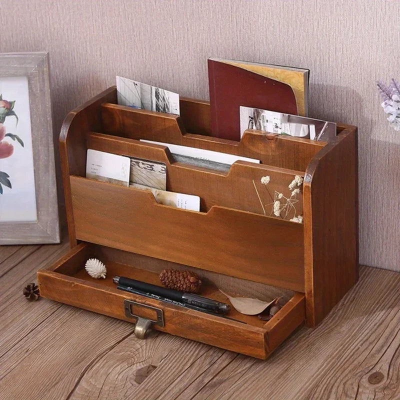 Multipurpose Vintage Wooden Desktop Drawer Storage Box for Groceries Office Supplies File Sorting Box Storage Wooden Box