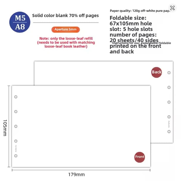 M5 20 Sheet Triple Fold Colorful Loose Leaf Notebook Refill Spiral Binder Inner Page Weekly Monthly To Do Line Grid Inside Paper
