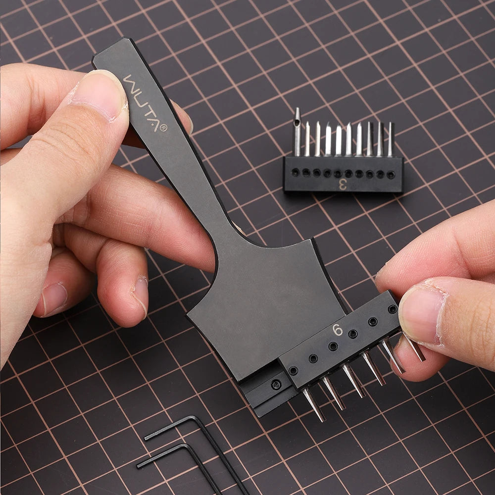 WUTA Multifunctional Leather Hole Punch Round Pricking Iron Stitching Punching Chisel Interchangeable Head Leather Craft Tools