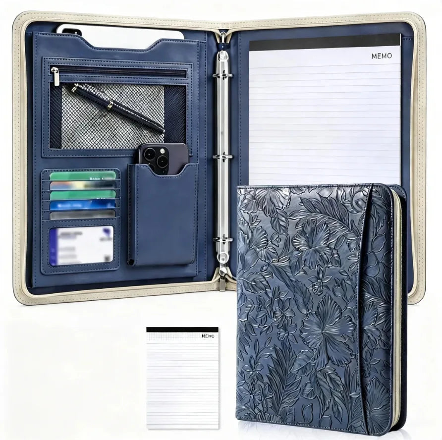 A4 Zippered Portfolio Organizer with 3-Ring Binder, Tablet Sleeve, Card Slots, Phone Pocket and Memo Pad