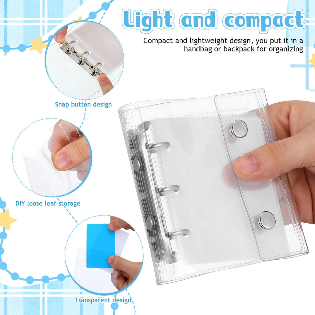 1Set Mini 3 Ring Binder Transparent Soft PVC Cover Snap Button Closure Travel Budget Organizer A8 Clear Loose Leaf Folder