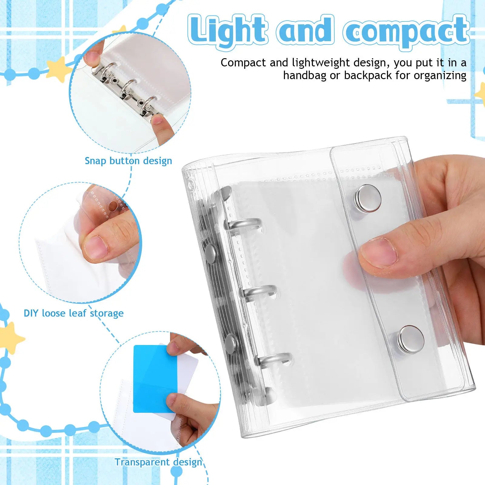 1Set Mini 3 Ring Binder Transparent Soft PVC Cover Snap Button Closure Travel Budget Organizer A8 Clear Loose Leaf Folder