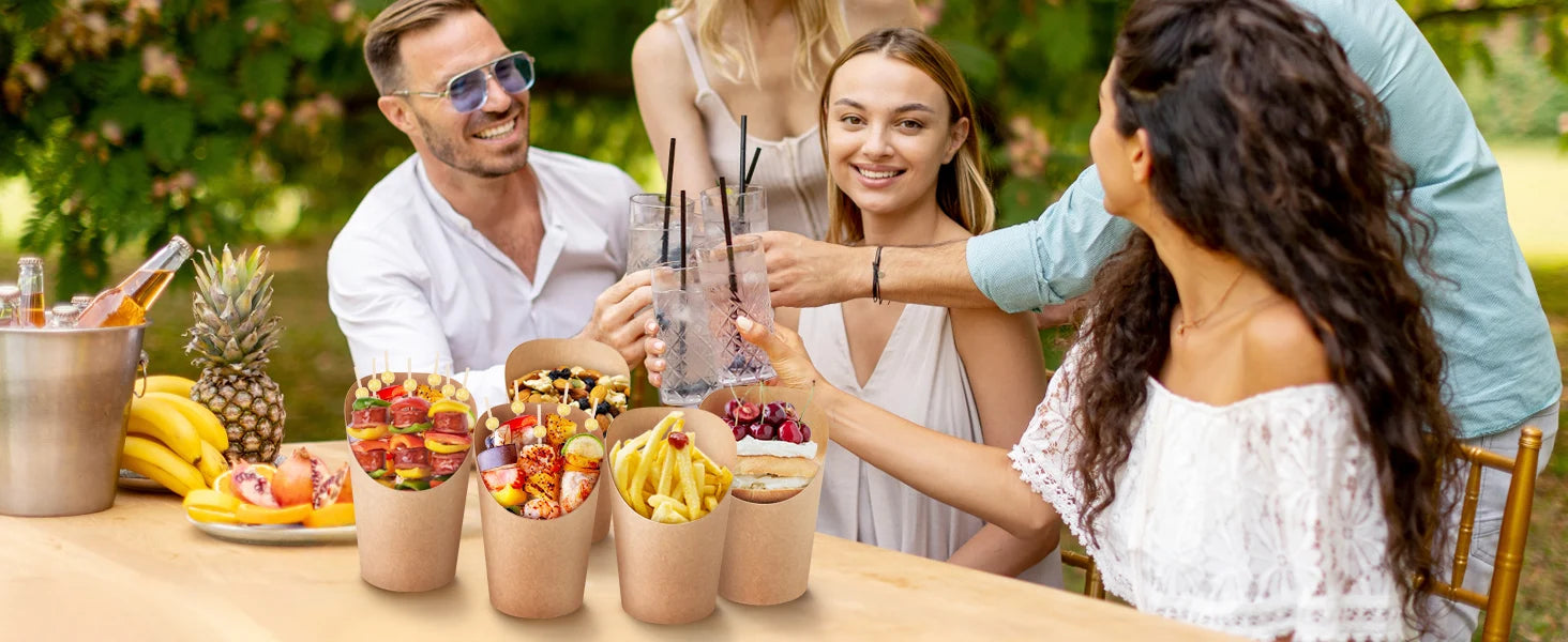 Individual Disposable Charcuterie Cups with Sticks Portable Bags Cocktail Skewers 16oz Brown Paper Appetizer Cups for French Fry