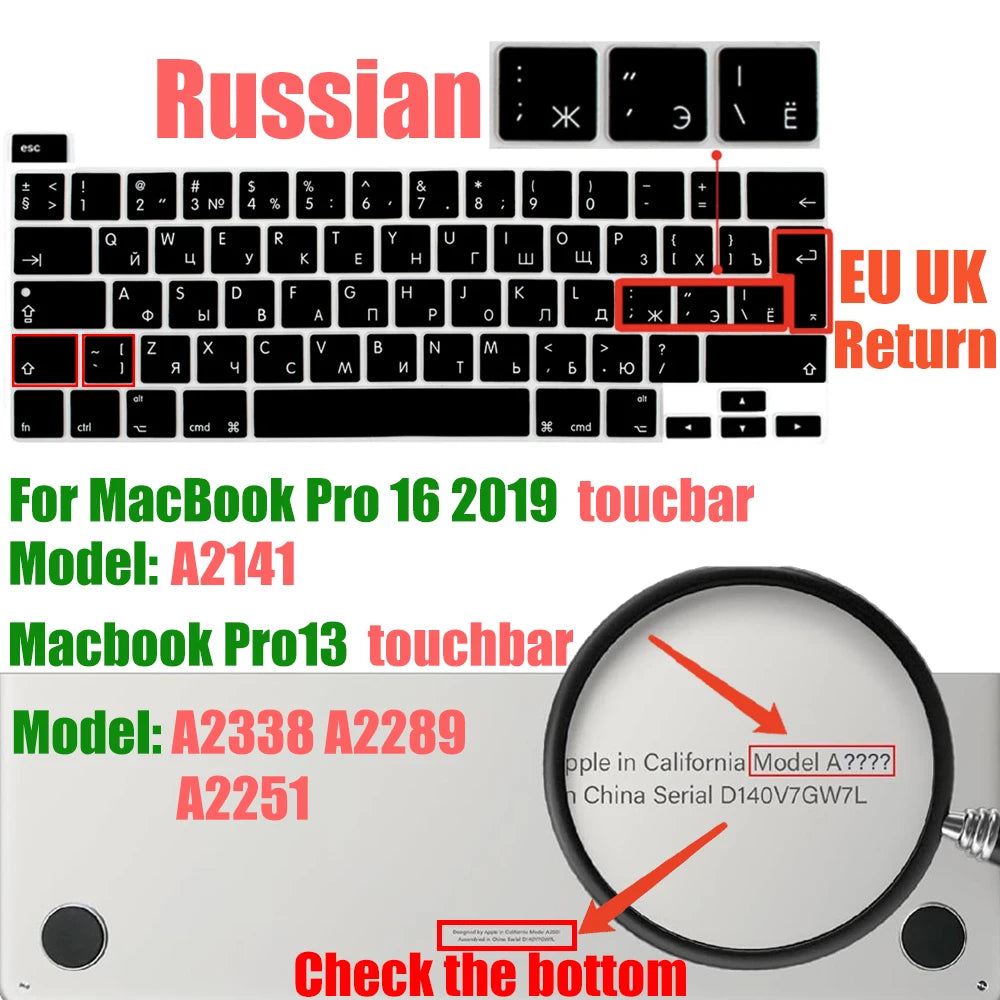 Russian Layout MacBook Pro Keyboard Cover 14" 16" M4 M3 M2 M1 Pro, MacBook Air 15" 13.6" M3 M2 Silicone Skin, US/EU Version