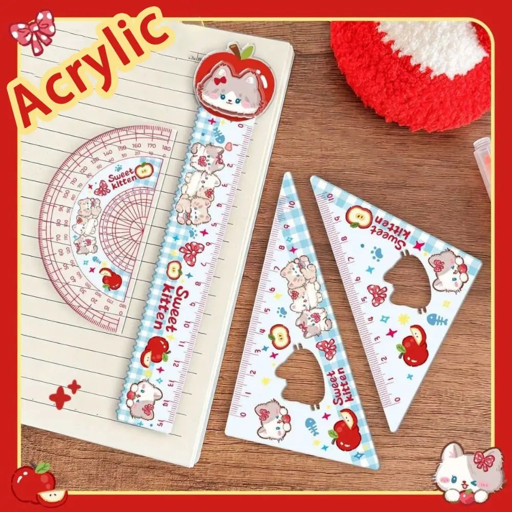 4pcs New Acrylic Ruler Set Red Kitten/Green Puppy Measurement Drawing Stationery Set Square Protractor Gift