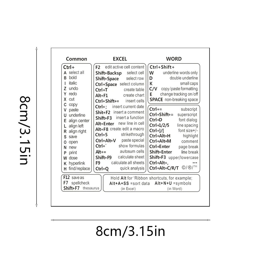 1 Set Vinyl Self-adhesive Keyboard Shortcut Stickers | Quick Reference for Windows, Excel and Word, Office Software