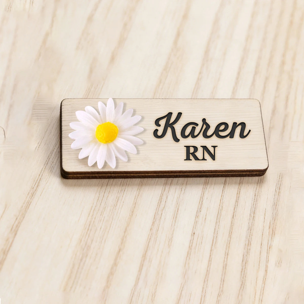 Personalized 3D Chrysanthemum Wooden Name Tag Badge with Magnetic or Pin Backing, Daisy Flower Nurse Teacher Doctor Name Tag,