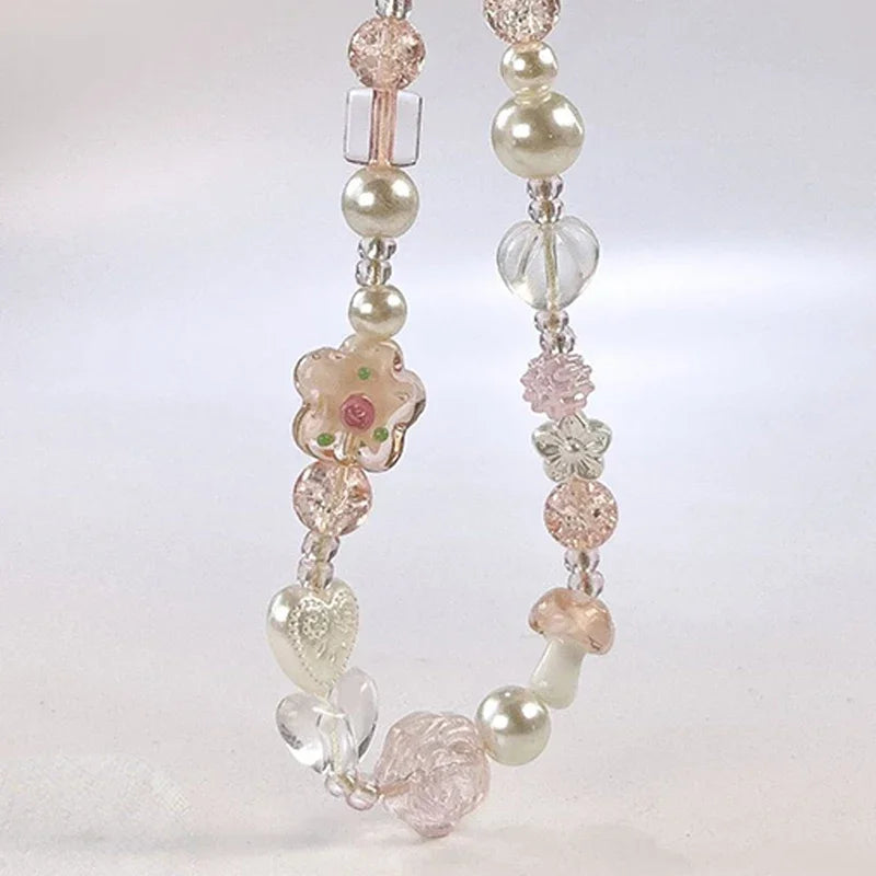 Cute Glass Bowknot Flower Bead Phone Strap Charm Chain Knot Cellphone Lanyard Keychain Girl Bag Camera Pendant for Airpods Case