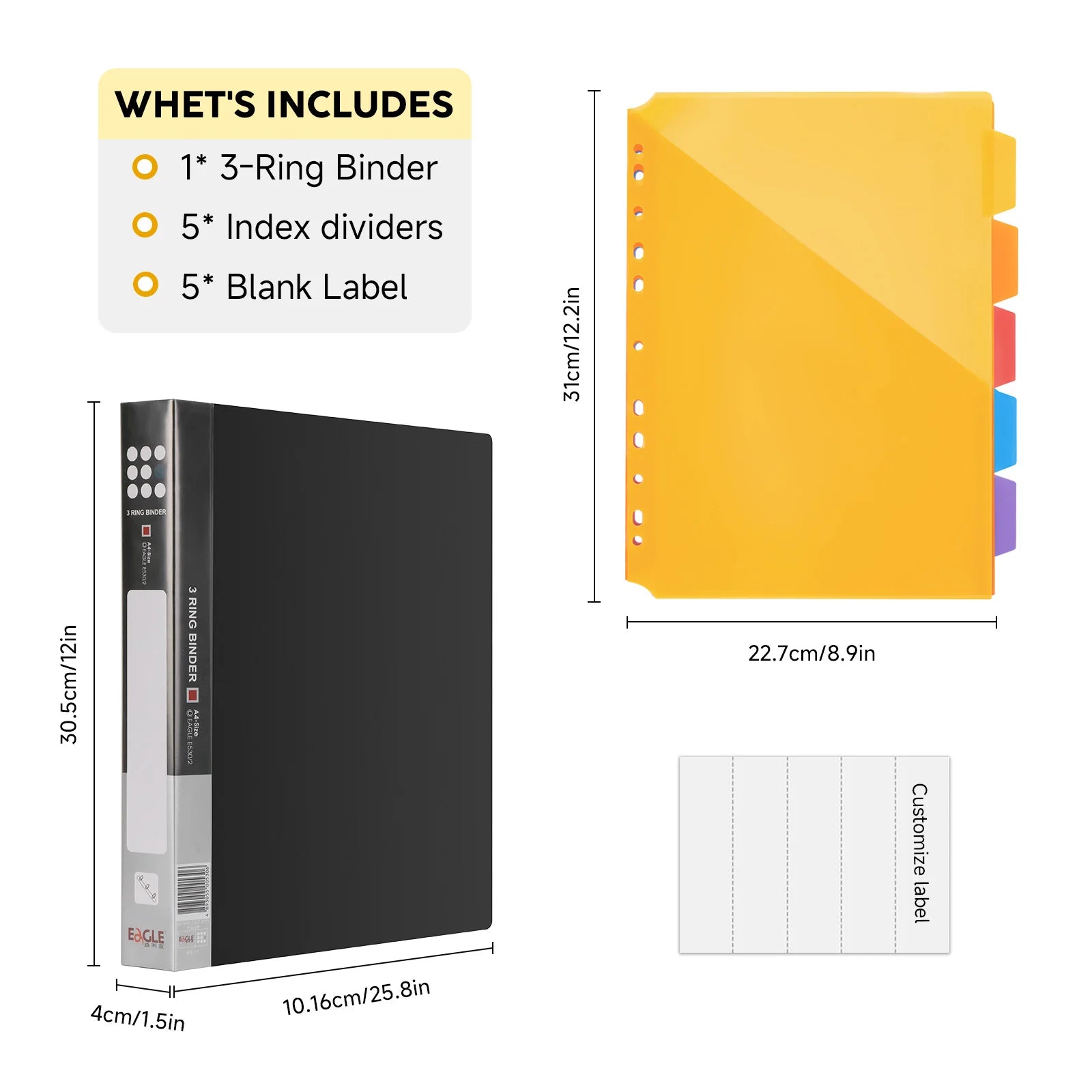 EAGLE 3-Ring Binder A4 Size with 5 Index Dividers & Custom Labels, Professional Presentation Folder for Office School Organizer