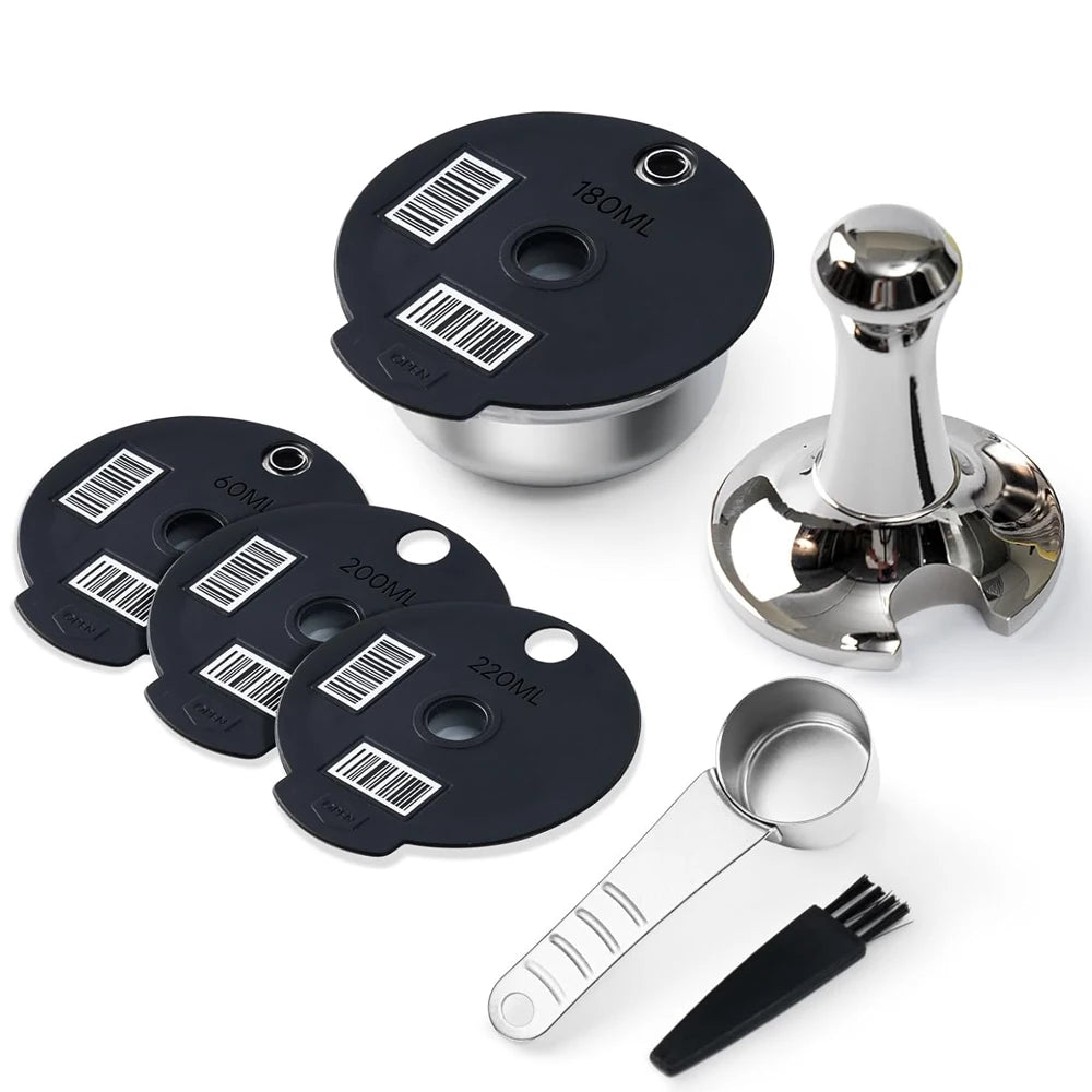 Stainless Steel Reusable Tassimo Pods with 4 Black Silicone Lid Tamper Compatible for-Bosch Tassimo Machine