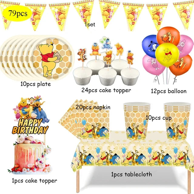 Winnie The Pooh Birthday Party Decoration Plates Napkins Table Cover Balloons Banner Baby Shower Serves 10 Guests Baby Shower