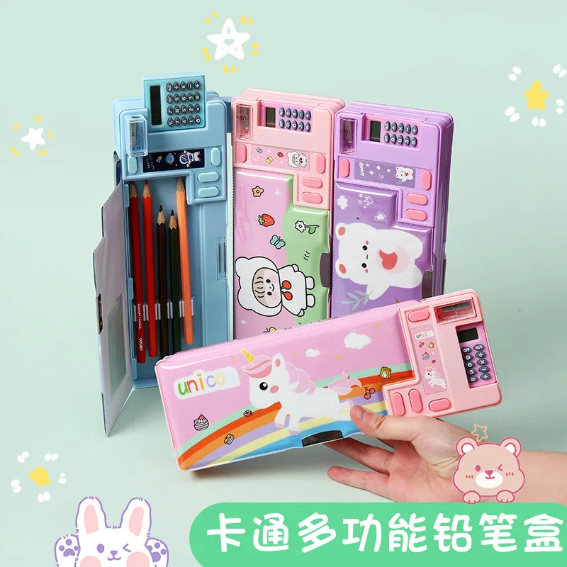 Built-in Calculator Plastic Stationery Box for Primary School Students Double-sided Open Pencil Case Creative Multi-functional