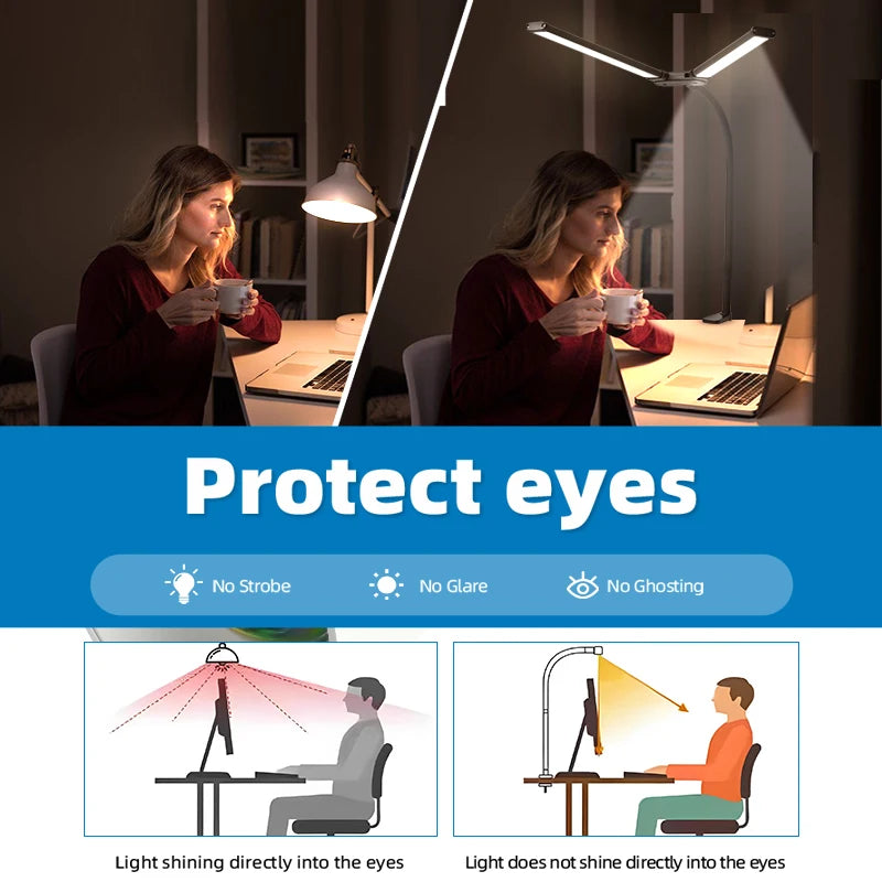 Double Head LED Desk Lamps Led Computer Monitor Light Stepless Dimmable USB Table Lamp for Office Study Reading Lighting Fixture