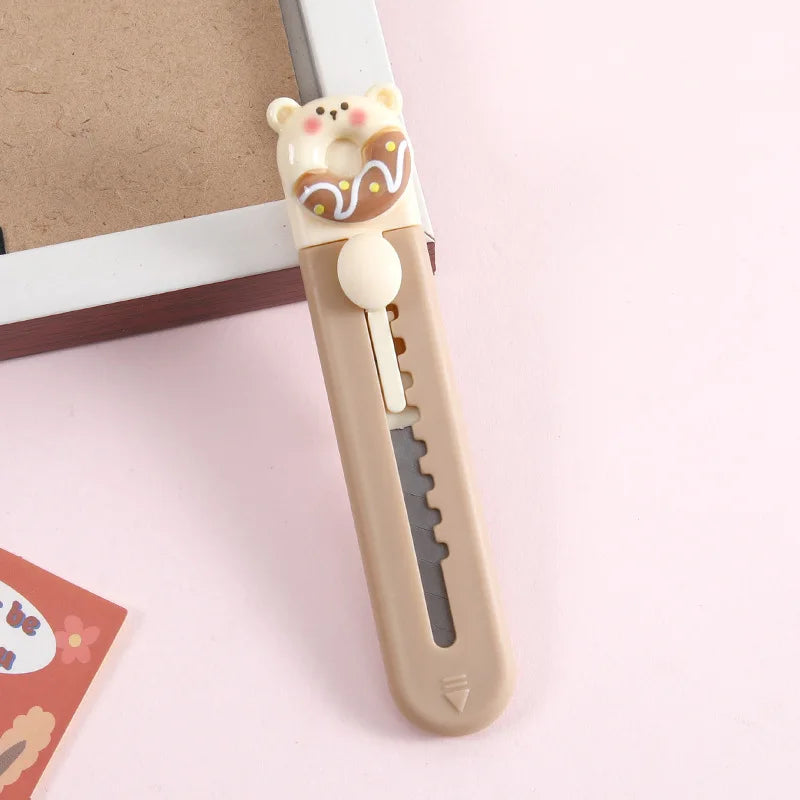 1 Piece Cartoon Utility Knife for Student Cute Fashion Box Cutter Small Portable Kawaii Beige Coffee Color Letter Opener Office