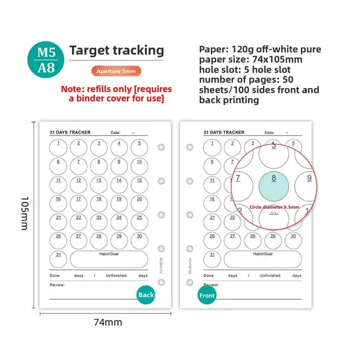 M5 50Sheets Colorful Loose Leaf Notebook Refill Spiral Binder Inner Page Weekly Monthly To Do Line Grid Inside Paper Stationery