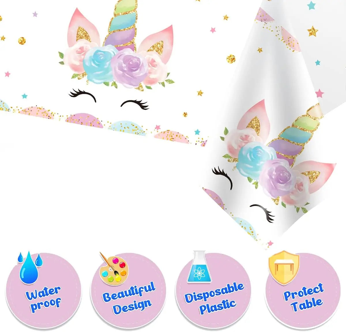 Magical Unicorn Tablecloth 54x108''-Disposable Waterproof Plastic for Girls Birthday&Baby Sprinkle | Glitter Rainbow Party Decor