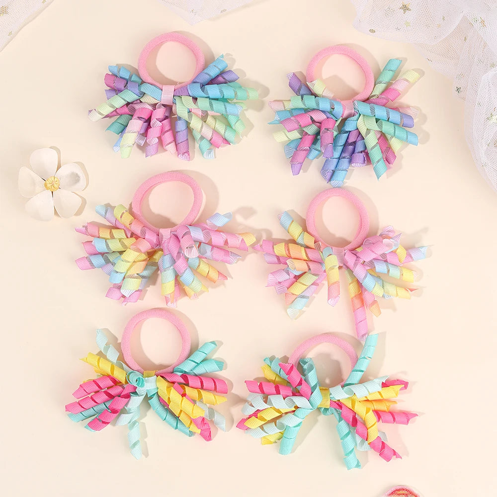 2Pcs Trendy Firework Hair Ties Rainbow Curly Ribbon Elastic Rubber Bands For Girls Kids Cute Hair Ropes Daily Hair Accessories