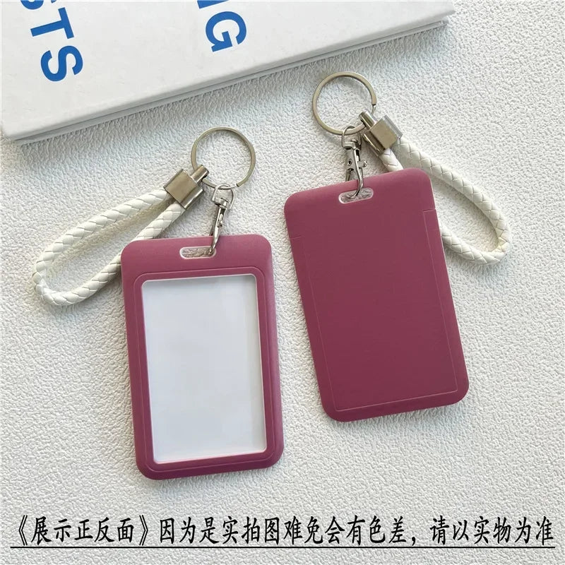1Pc Solid Color Student Bus ID Card Protective Cover Keyring School Access Door Card Credit Card Holder Bag Set Key Chain